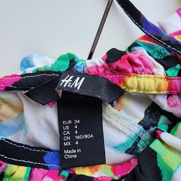 H&M Womens Dress sz 4 One Shoulder Bright Abstract Print Midi Ruffle Pink White - Picture 13 of 13